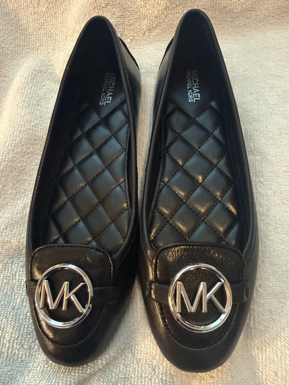 Michael Kors Women's Black Quilted Leather MK Logo Ballet Flats